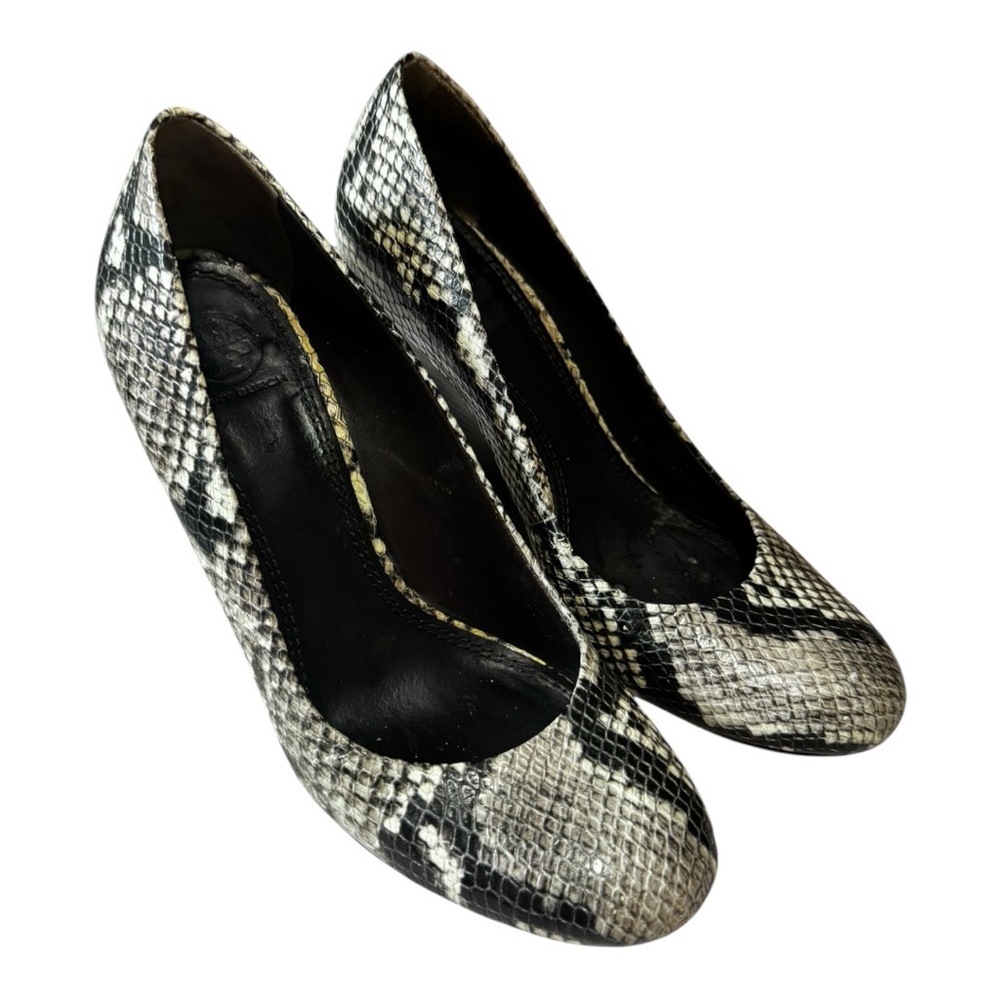 Tory Burch Benton Snakeskin Embossed Leather Wedge Pumps Size 7.5